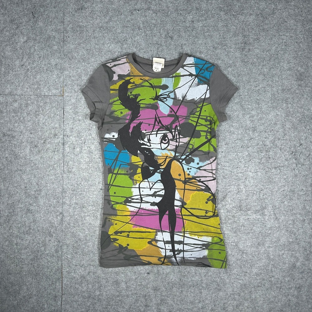 Disney Tinker Bell T Shirt Womens S Gray Graphic Fairy Y2K Core Streetwear